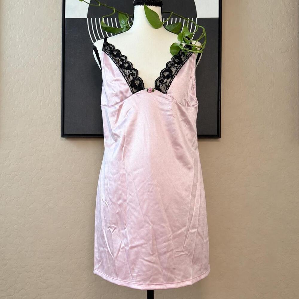 Y2K Pink Satin Rosette Black Lace Slip Dress Set NWT 1X/2X